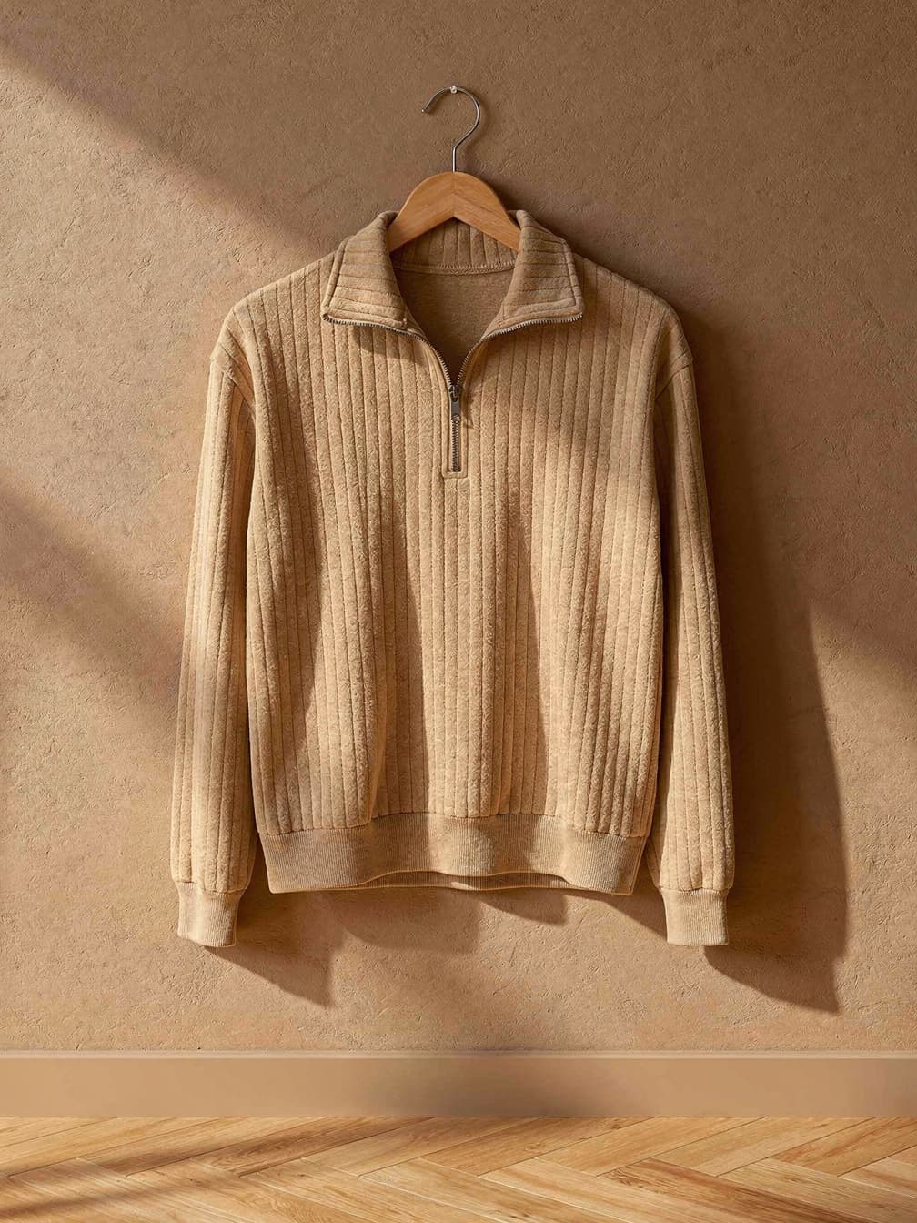 Pull demi-zip côtelé Adrien – Beige