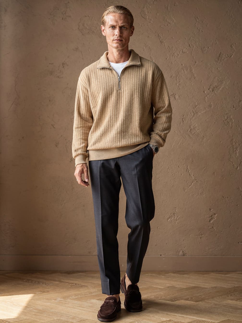 Pull demi-zip côtelé Adrien – Beige
