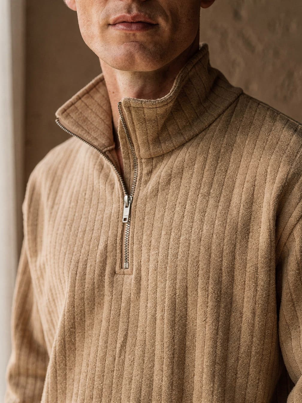 Pull demi-zip côtelé Adrien – Beige