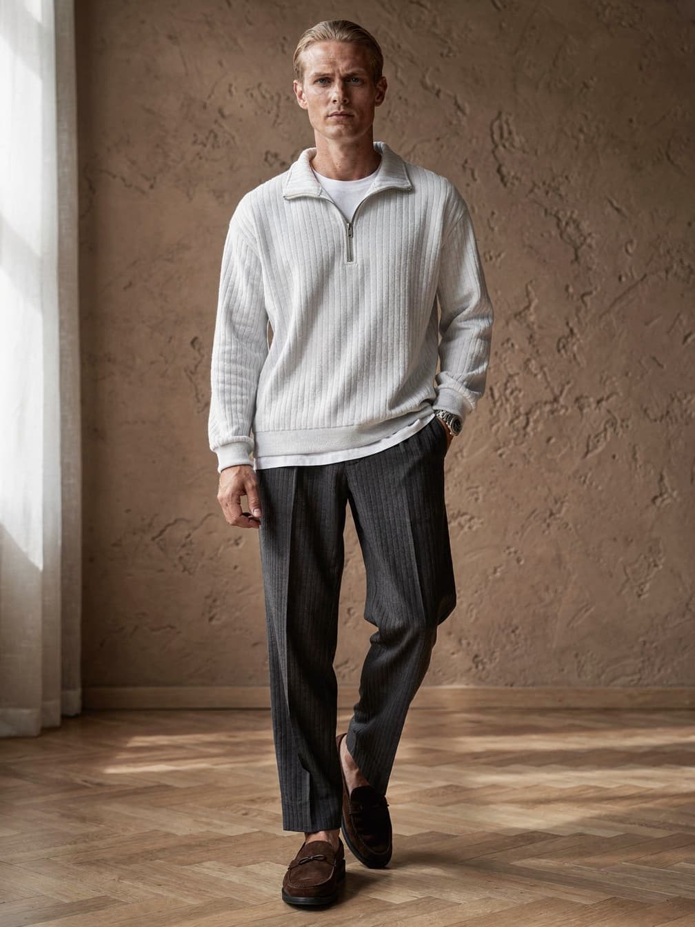 Pull demi-zip côtelé Adrien – Blanc