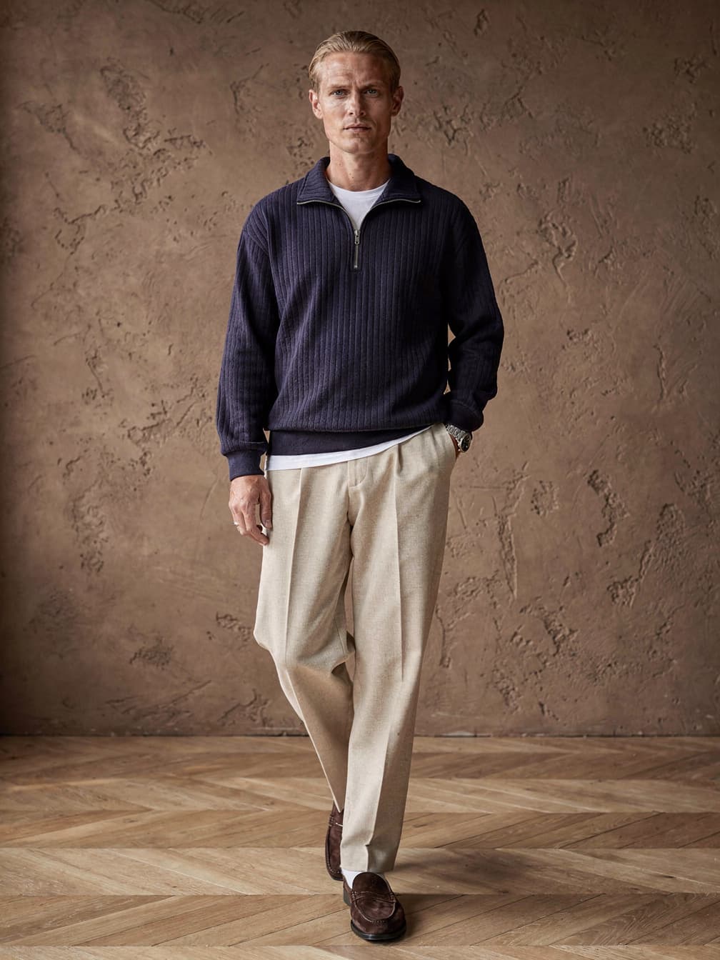 Pull demi-zip côtelé Adrien – Marine