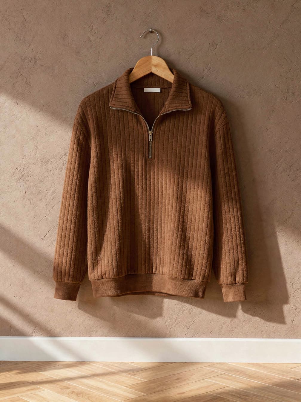 Pull demi-zip côtelé Adrien – Marron