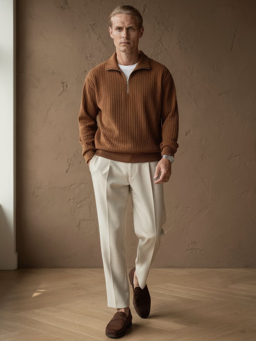 Pull demi-zip côtelé Adrien – Marron