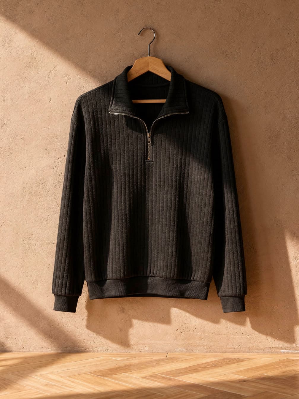 Pull demi-zip côtelé Adrien – Noir