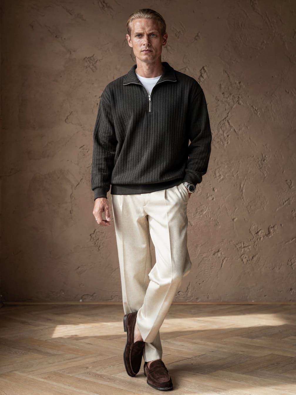 Pull demi-zip côtelé Adrien – Noir