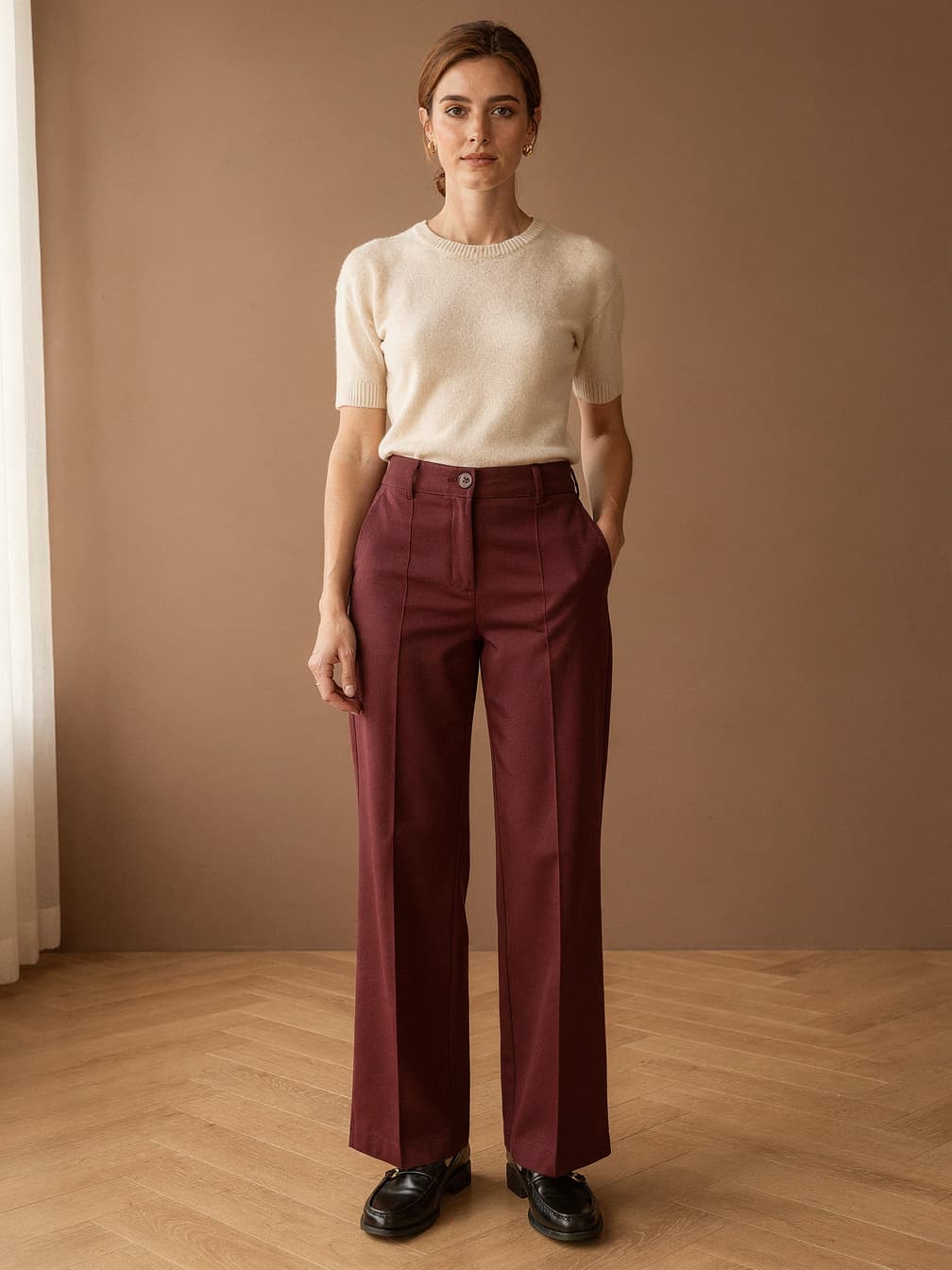 Pantalon taille haute Delphine – Bordeau