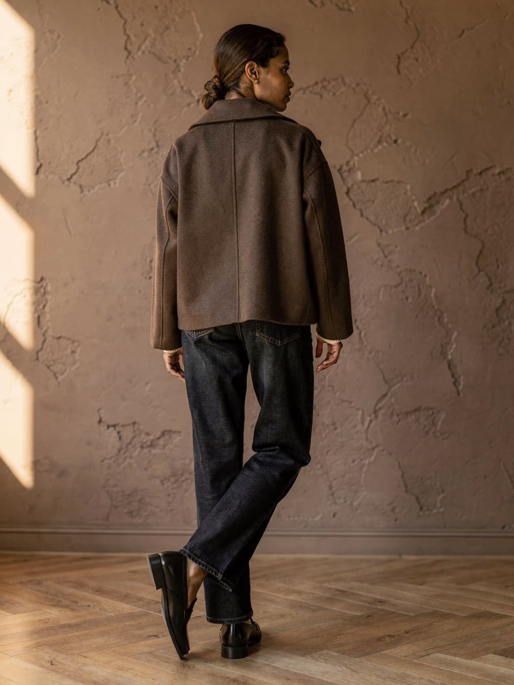 Manteau court croisé Philippine – Maron foncé